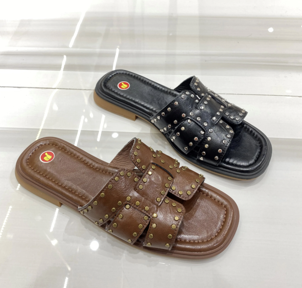 Studded Flat Slide Sandals PU Square Toe Slippers